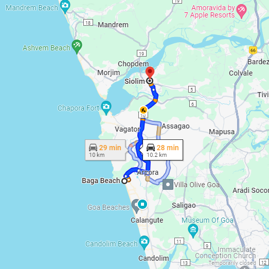 Baga to Siolim Route Baga to Siolim Route