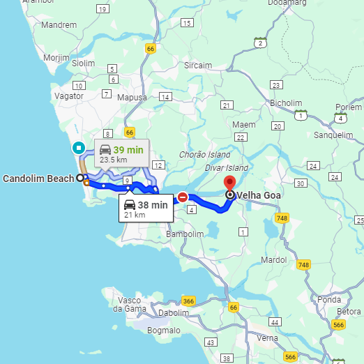 Candolim to Old Goa Route Candolim to Old Goa Route