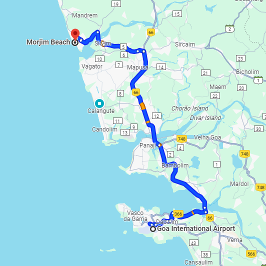 Dabolim Airport to Morjim Route Dabolim Airport to Morjim Route