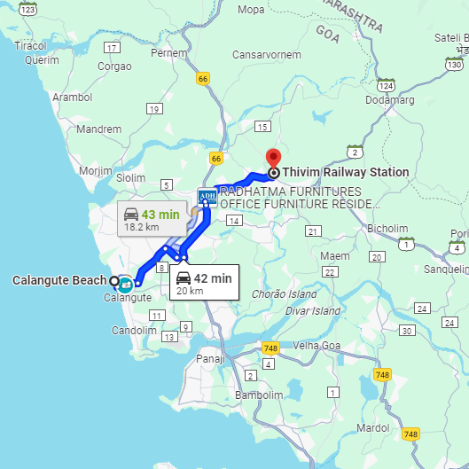 Calangute to Thivim Railway Station Route