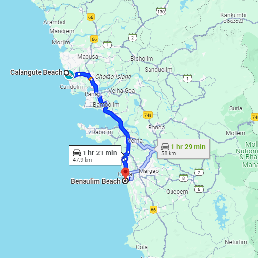 Calangute to Benaulim Route Calangute to Benaulim Route