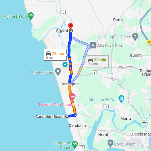 Candolim to Arpora Route Candolim to Arpora Route