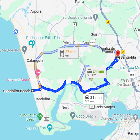 Candolim to Sangolda Route Candolim to Sangolda Route
