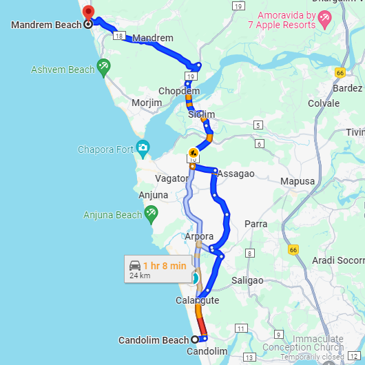 Candolim to Mandrem Route Candolim to Mandrem Route