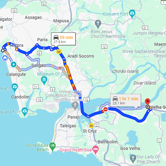 Baga to Old Goa Route Baga to Old Goa Route