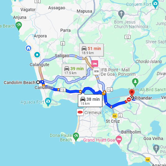 Candolim to Raibander Route Candolim to Raibander Route