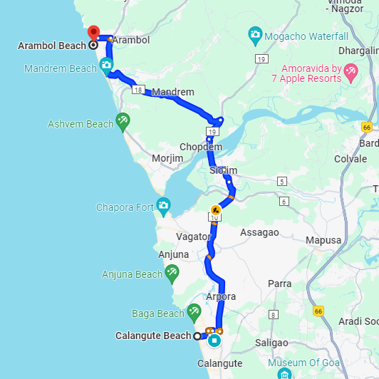 Calangute to Arambol Route Calangute to Arambol Route