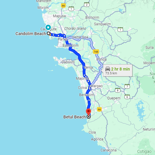 Candolim to Betul Route Candolim to Betul Route
