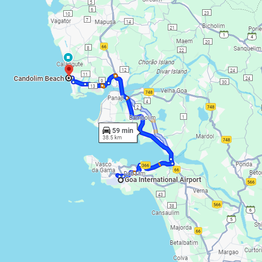 Dabolim Airport to Candolim Route Dabolim Airport to Candolim Route