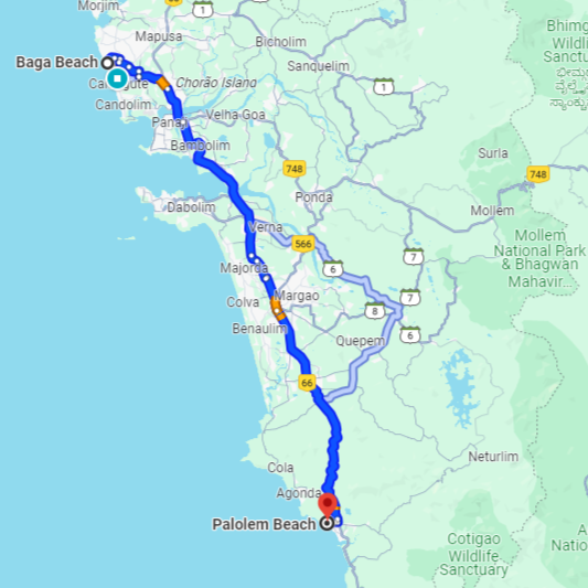 Baga to Palolem Route Baga to Palolem Route
