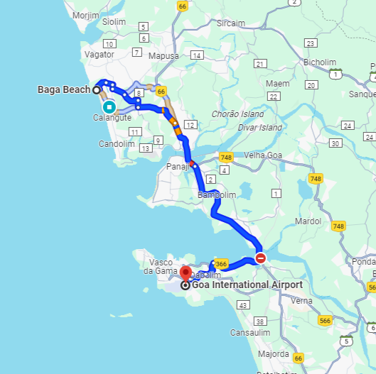 Baga to Dabolim Airport Route Baga to Dabolim Airport Route