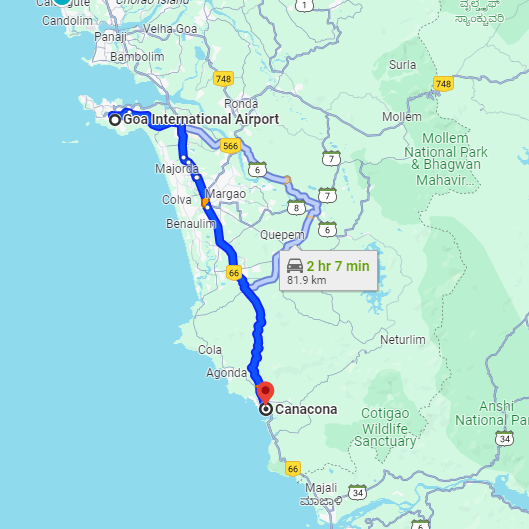 Dabolim Airport to Canacona Route Dabolim Airport to Canacona Route