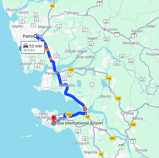 Parra to Dabolim Airport Route Parra to Dabolim Airport Route