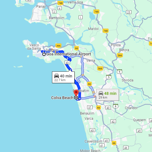 Dabolim Airport to Colva Route Dabolim Airport to Colva Route
