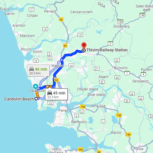 Candolim to Thivim Railway Station Route Candolim to Thivim Railway Station Route