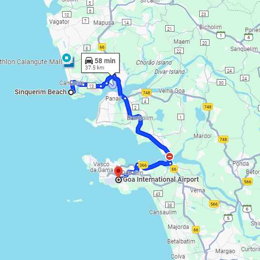 Sinquerim to Dabolim Airport Route Sinquerim to Dabolim Airport Route