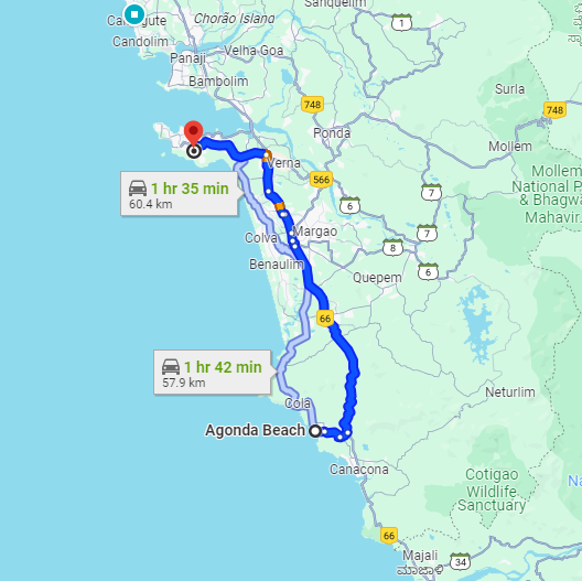 Agonda to Dabolim Airport Route Agonda to Dabolim Airport Route