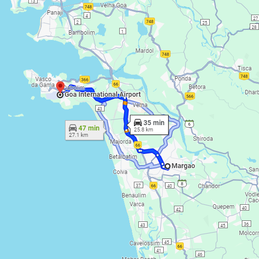 Madgaon to Goa Airport Route Madgaon to Goa Airport Route