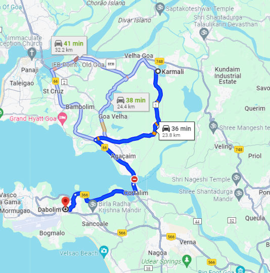 Karmali to Dabolim Route Karmali to Dabolim Route