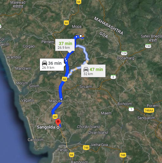 Sangolda to Mopa Route Sangolda to Mopa Route