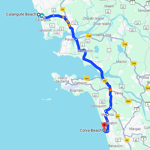 Calangute to Colva Route Calangute to Colva Route