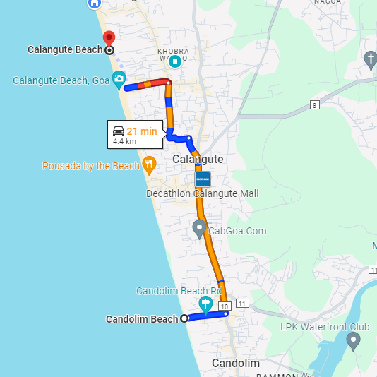 Candolim to Calangute Route Candolim to Calangute Route