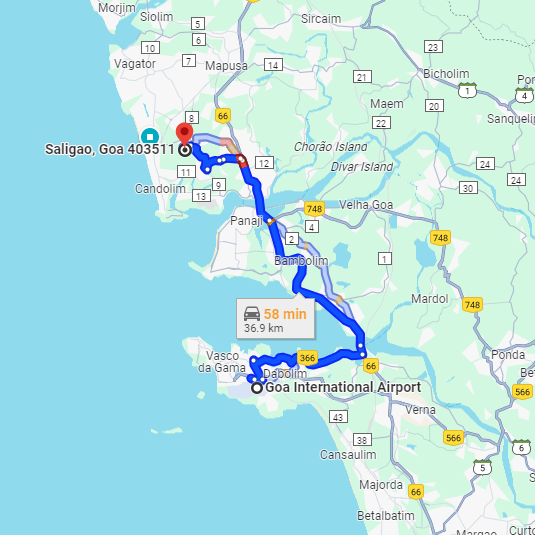Dabolim Airport to Saligao Route Dabolim Airport to Saligao Route