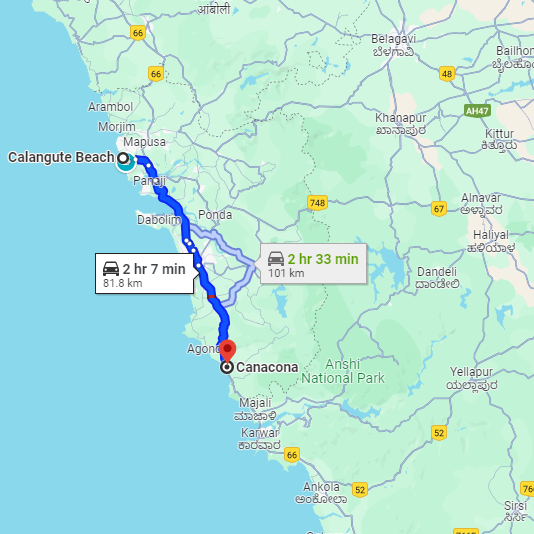 Calangute to Canacona Route Calangute to Canacona Route