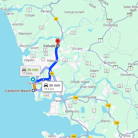 Candolim to Colvale Route Candolim to Colvale Route