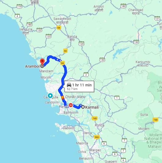 Karmali to Arambol Route Karmali to Arambol Route