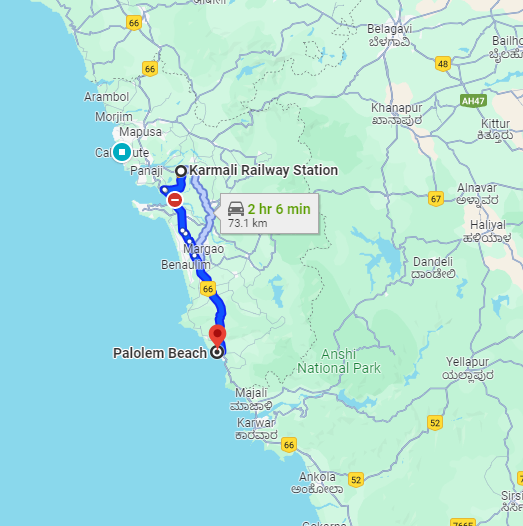 Karmali to Palolem Route Karmali to Palolem Route
