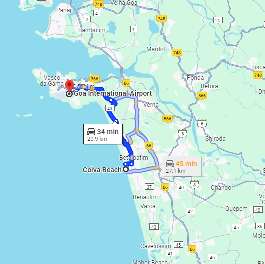 Colva to Dabolim Airport Route Colva to Dabolim Airport Route