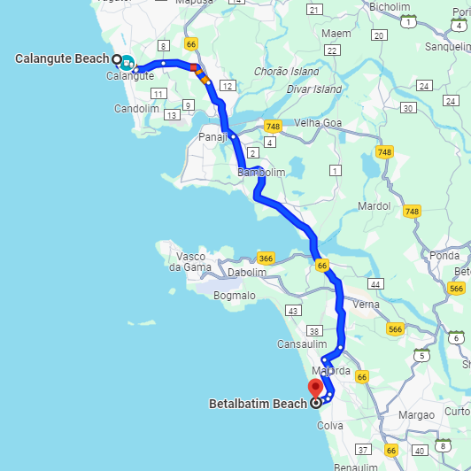 Calangute to Betalbatim Route Calangute to Betalbatim Route