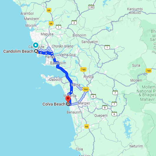 Candolim to Colva Route Candolim to Colva Route