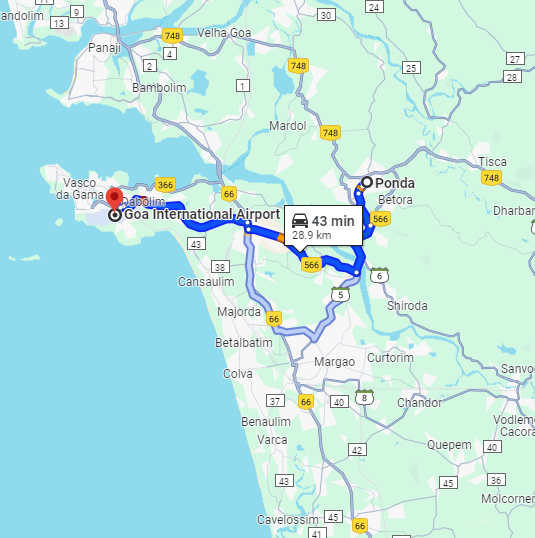 Ponda to Dabolim Airport Route Ponda to Dabolim Airport Route