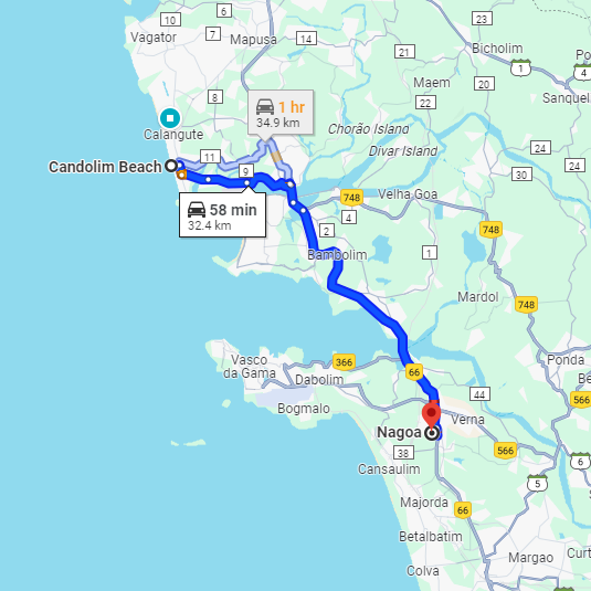 Candolim to Nagoa Route