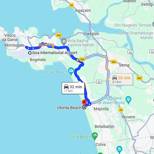 Dabolim Airport to Utorda Route Dabolim Airport to Utorda Route