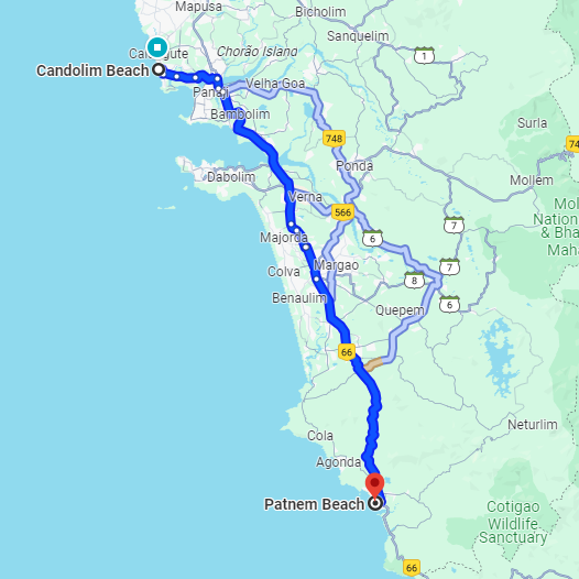 Candolim to Patnem Route Candolim to Patnem Route