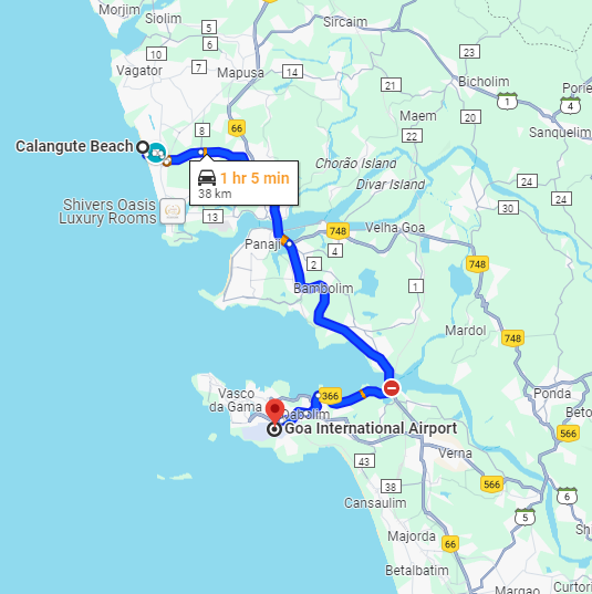 Calangute to Dabolim Route Calangute to Dabolim Route