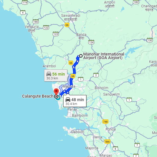 Mopa Airport to Calangute Route Mopa Airport to Calangute Route
