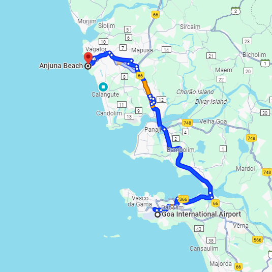 Dabolim Airport to Anjuna Route Dabolim Airport to Anjuna Route