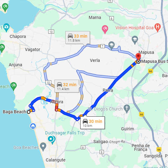 Baga to Mapusa Route Baga to Mapusa Route