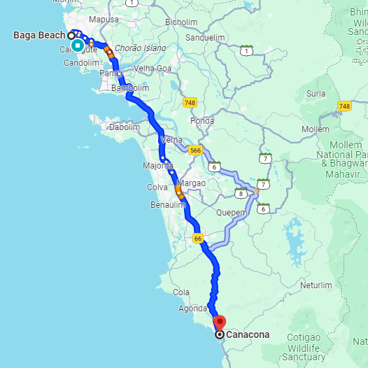 Baga to Canacona Route Baga to Canacona Route