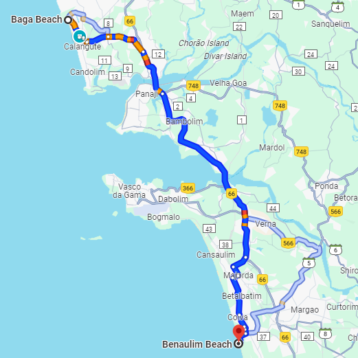 Baga to Benaulim Route Baga to Benaulim Route