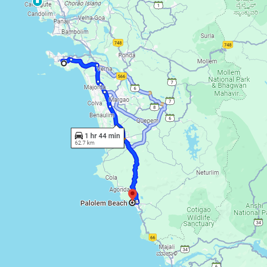 Dabolim Airport to Palolem Route Dabolim Airport to Palolem Route