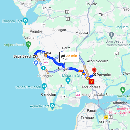 Baga to Porvorim Route Baga to Porvorim Route