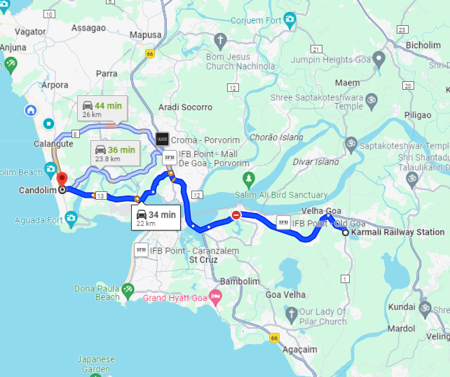 Karmali to Calangute Route Karmali to Calangute Route
