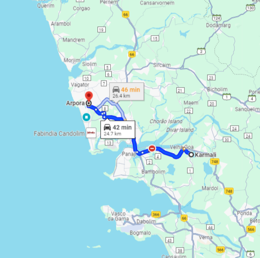 Karmali to Arpora Route Karmali to Arpora Route