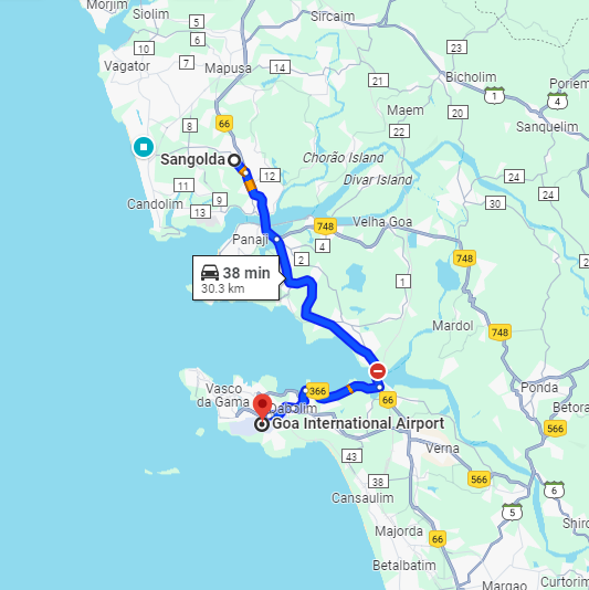 Sangolda to Dabolim Airport Route Sangolda to Dabolim Airport Route