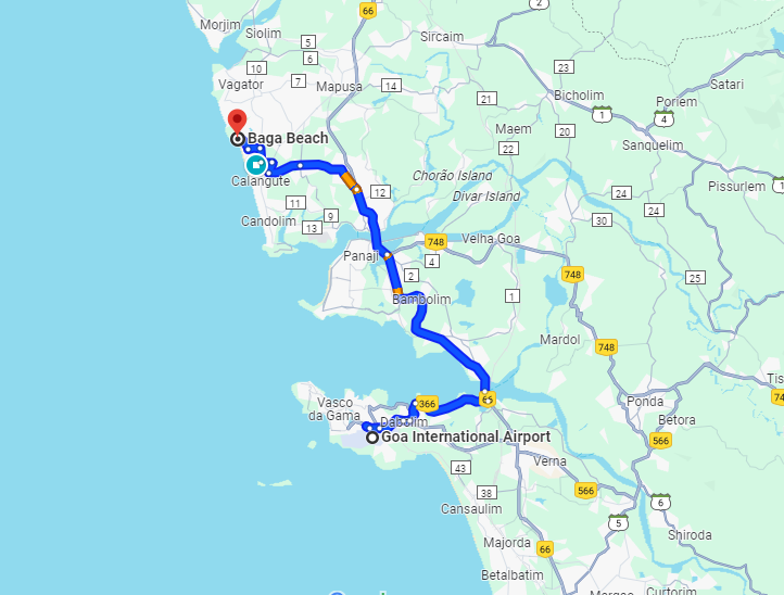 Goa Airport to Baga Taxi Route